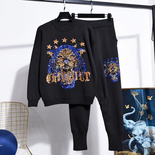 

women's two piece pants autumn fashion black knitted tracksuit outfits women loose casual sequins tiger sweater pencil knit set female, White
