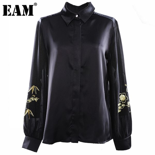 

[eam] women black big size embroidery blouse lapel long sleeve loose fit shirt fashion spring autumn 1dd6424 21512, White
