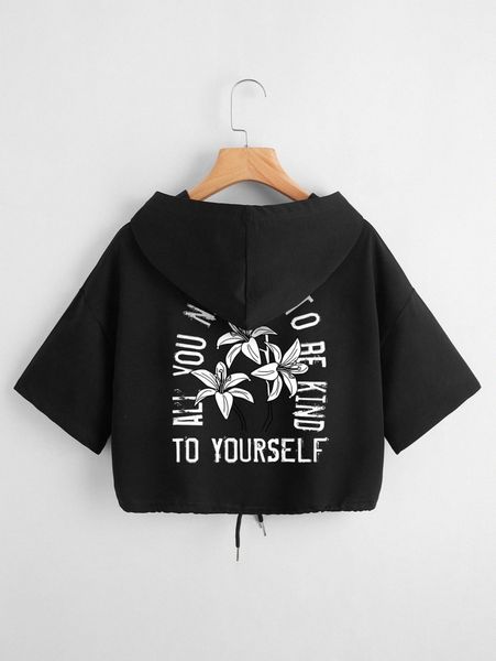 

floral & slogan graphic drawstring hoodie j2ue#, White;black