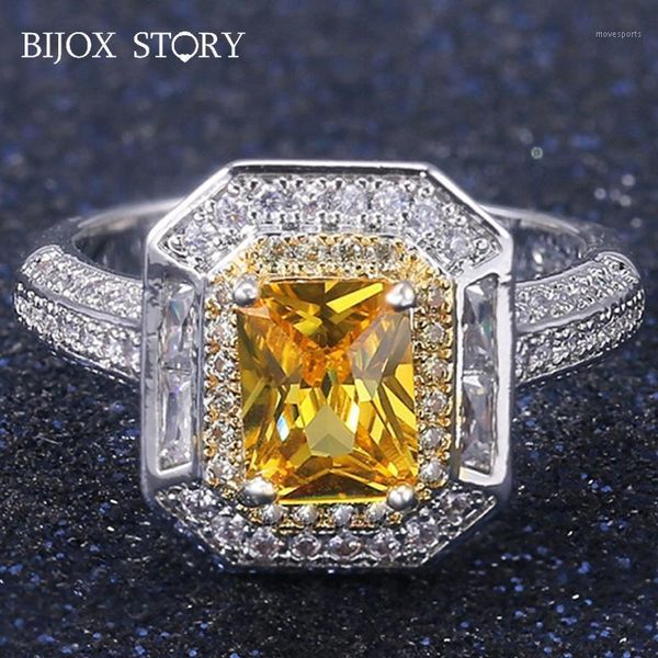

cluster rings bijox story luxury 925 sterling silver charms ring with rectangle shape citrine jewelry for female wedding party wholesale1, Golden;silver