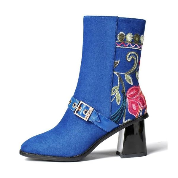 

boots us4-11 womens suede leather ankle embroidery belt buckle block high heel side zipper shoes warm winter plus size, Black
