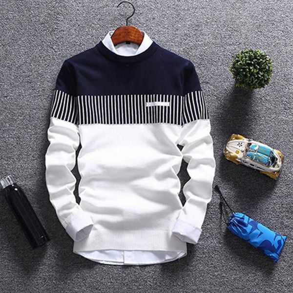 

men's casual fashion sweater, color block belt, round neck, retro, White;black
