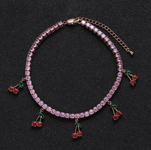 

women's adjustable foot chain euramerican hip hop 4mm single row chain copper inlaid zircon cherry pendant foot ornament, Red;blue