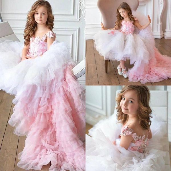 

girl's dresses vintage pink flower girls short sleeves lace appliques lovely kids formal wear backless tiers pageant gowns, Red;yellow