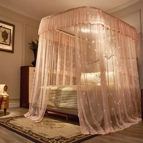 

mosquito net luxury pink yellow green princess style landing u type guide rail stainless steel frame bedding sets