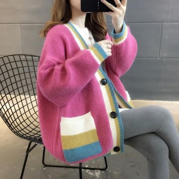 

women's knits & tees 2021 winter fashion women long sleeve loose sweaters stylish candy color pocket patchwork knitted cardigans casual, White