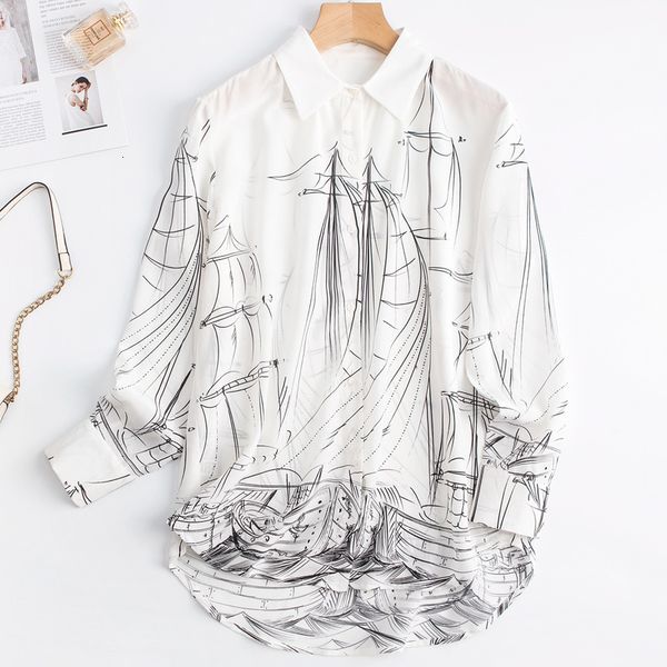 

blouses women's 100% mulberry crepe silk white print button down long sleeve shirt blouse collared office work jn583