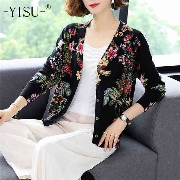 

yisu women casual soft cardigan autumn winter knit soft sweater coat long sleeve v-neck floral print knitted cardigan 210914, White;black