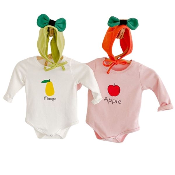 Sonbahar Kızlar Bodysuits Doğan Erkek Giysileri Uzun Kollu Bebek Sevimli Meyve Baskı Bebek Bodysuit + Şapka Twins Giyim 210417