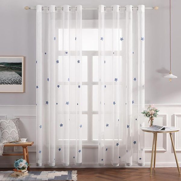 

panels white sheer curtain 52x84 embroidery yellow blue grey star tulle curtains for kids room grommet window treatments & drapes