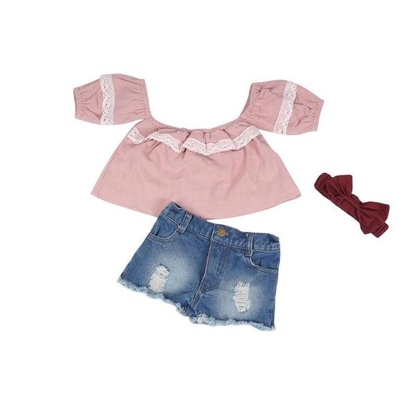

summer kids suit set girls solid color round neck short sleeve + ripped denim shorts+ headband outfits clothing sets, White