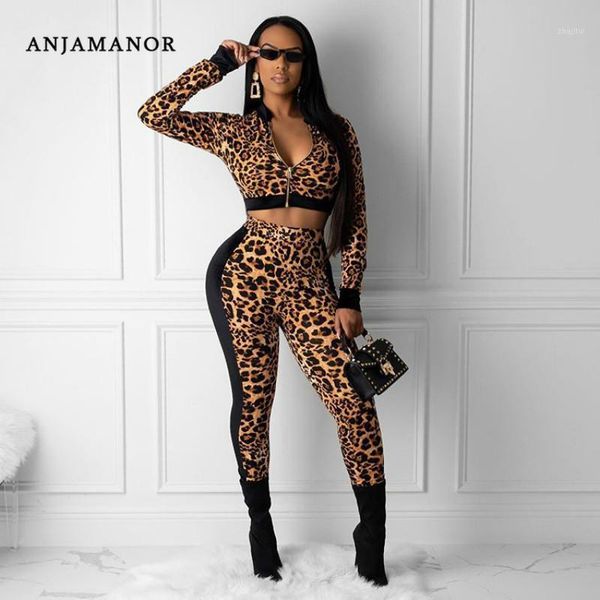 

two piece dress anjamanor fashion leopard print set and pants tracksuit women clothes bodycon outfits matching sets d46-ae97, White
