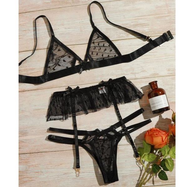 

bras sets 3pcs lace lingerie set for women see-through bra thong sleepwear pajamas temptation underwear exotic costume, Red;black