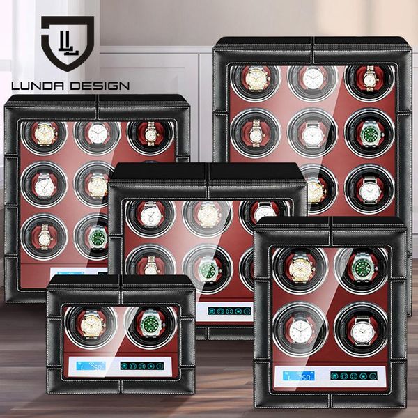 

watch boxes & cases lunda luxury automatic winder leather watches box with mabuchi motor lcd touch screen and remote control, Black;blue