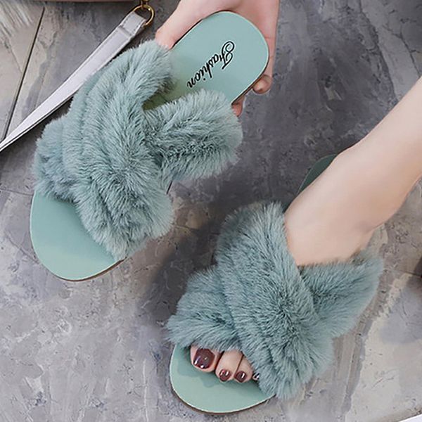 

luxurys designers shoes women funny house sandals faux fur fashion warm shoes woman slip on flats female slides black pink cozy