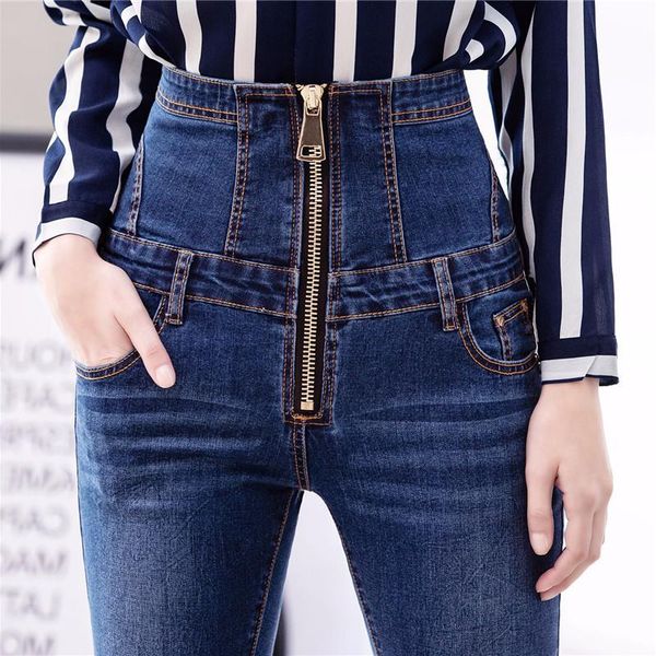 

women's jeans winter woman's 2021 plus size warm pencil pants high waist black boyfriends korean elastic slim trousers, Blue