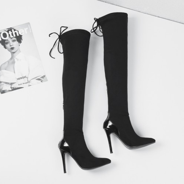 

boots 2021 spring and autumn fashion europe the united states stitching zipper super high heel thigh, Black