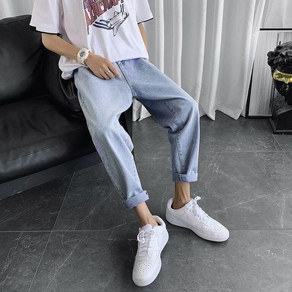 

pants men's spring and summer ruffian jeans straight tube loose fashion pai capris students versatile korean, Blue