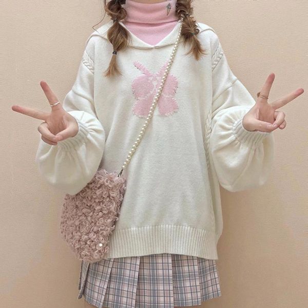 

women's sweaters japanese cute navy collar lantern long sleeve sweater casual lovely bowknot pattern soft girls pullover jumper women o, White;black
