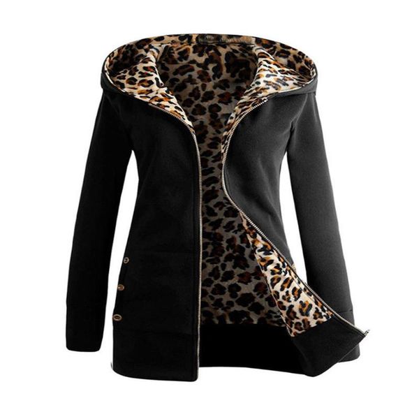 

women's sweatshirt winter warm leopard cotton soft plus velvet thickened hooded sweater zipper coat hoodies for women & sweatshirts, Black