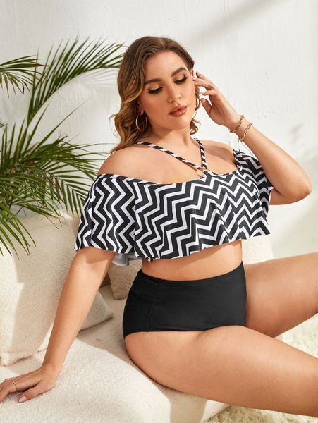 

plus geo print flounce hem bardot bikini swimsuit m0ar#, Black
