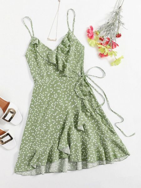 

allover heart print ruffle detail wrap belted slip dress v6sk#, Black;gray