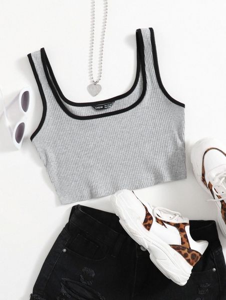 

rib-knit ringer crop tank a72d#, White