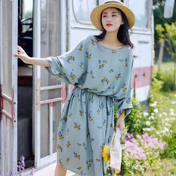 

johnature women bandage summer dresses print floral o-neck nine sleeve loose female cotton soft sweet dresses 210521, Black;gray