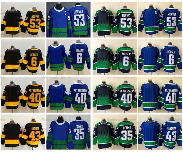 

2021 reverse retro 53 bo horvat (c) hockey jerseys home blue 6 brock boeser 40 elias pettersson 43 quinn hughes 35 thatcher demko jersey bla, Black;red