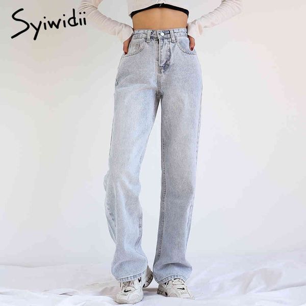

syiwidii high waisted jeans woman denim pants tassel straight full length mom plus size comfortable clothes blue wide leg 210417