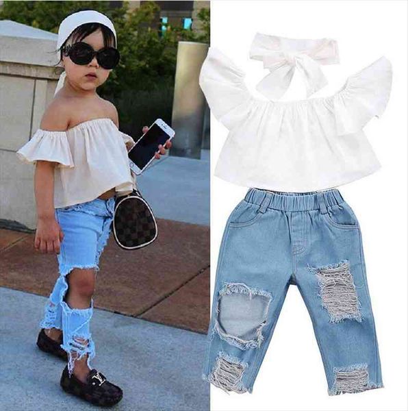 

little girls street style 3 pcs clothing set kids off shoulder ripped jeans denim pants outfits clothes 1 6t, White