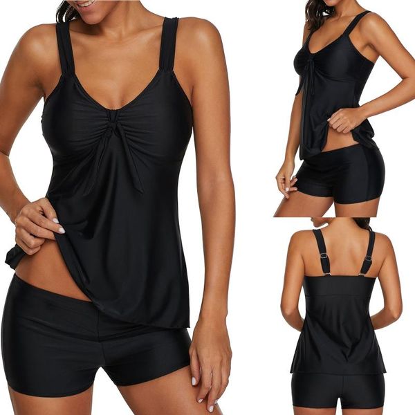 

women's swimwear women plus size bow tie tankini set push-up striped print two piece swimsuit conservative summer beach shorts, White;black