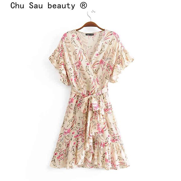

beauty boho floral print ruffles midi dress women holiday sashes fashion wrap dresses female beachwear 210514, Black;gray