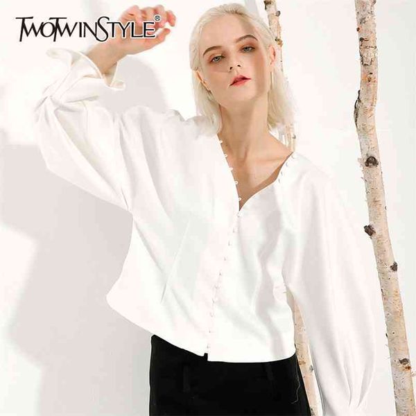 

elegant black blouse for female v neck lantern long sleeve casual korean shirt women fashion clothing spring 210524, White
