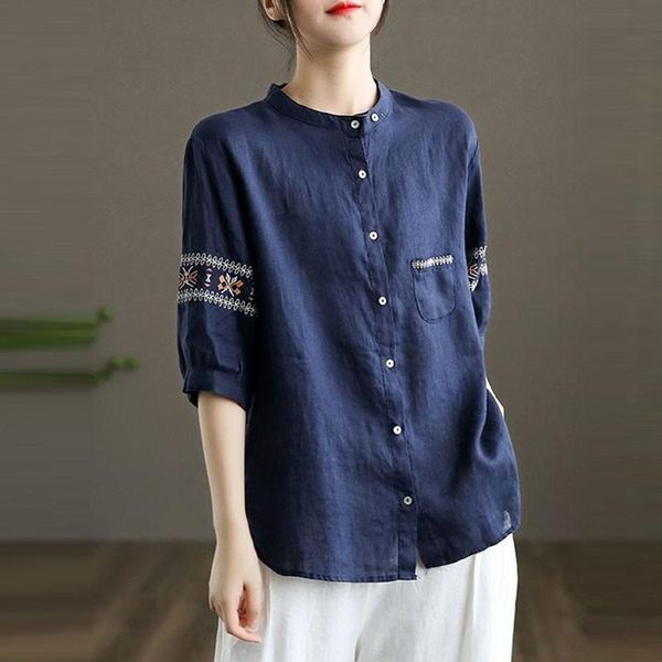 

women's blouses & shirts women cotton casual arrival 2021 summer vintage style embroidery stand collar loose female half sleeve s3822, White