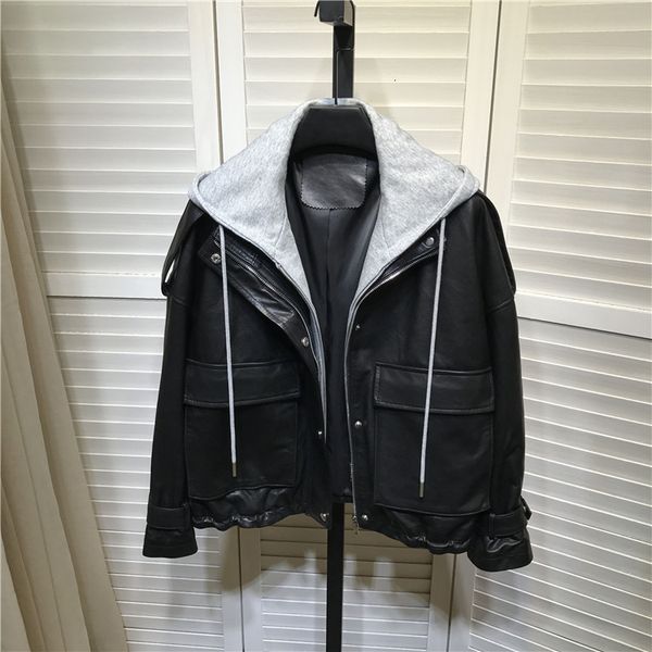 

women's jackets korean style of women brand loose design with hoodie leather genuine short jacket b637, Black;brown