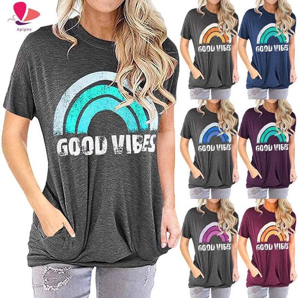 

women's pocket sweater rainbow good vibes printed letter loose-fit short-sleeve o collar t-shirt, White