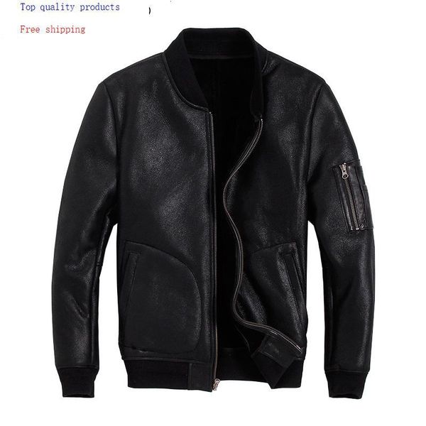 

men's leather & faux genuine jacket winter coat sheep shearling men bomber motorcycle sheepskin jackets kj2915, Black