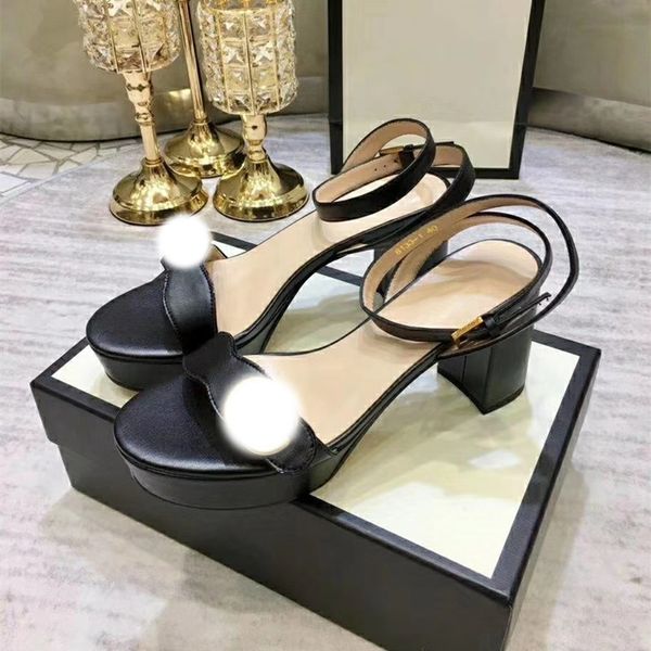 

designer fashion platform high-heeled shoes leather classic double button word band sandals metal button fashion women's shoes beautifu, Black