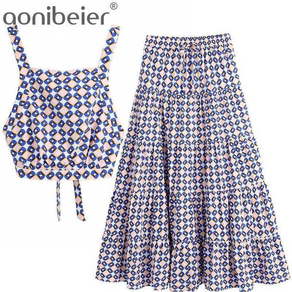 

geometric print summer women casual 2 piece sets tie back crop and maxi skirts female suits two outfits 210604, White