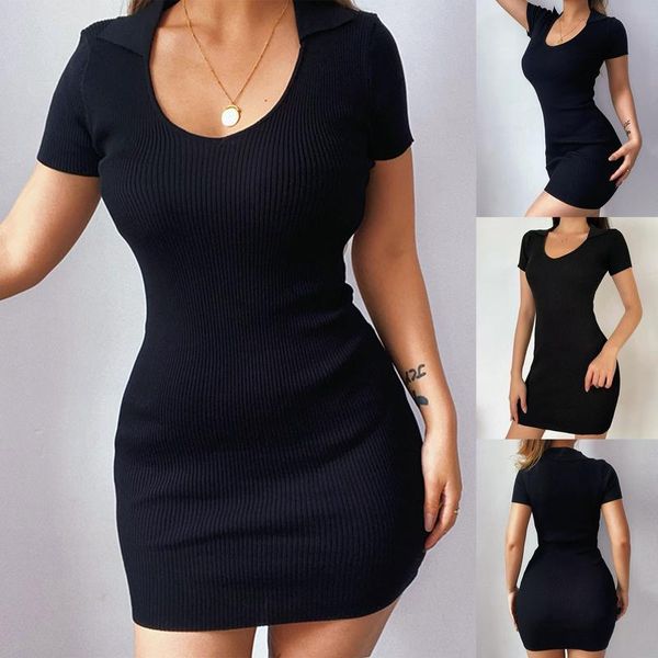 

casual dresses 2021 fashion women summer knit dress, adults slim-fit ribbed short sleeve v-neck (black), Black;gray