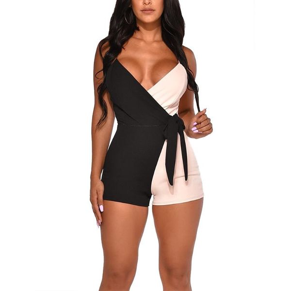 

patchwork jumpsuit women v neck bodysuit adjustable spaghetti strap summer knotted clothes romper women's jumpsuits & rompers, Black;white