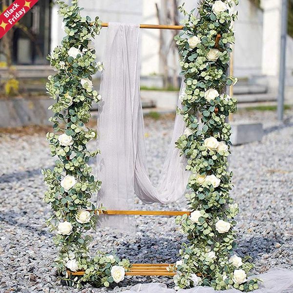 

1.8m artificial eucalyptus with rose garland hanging rattan vertical garden home table party wedding backdrop wall decor vine decorative flo
