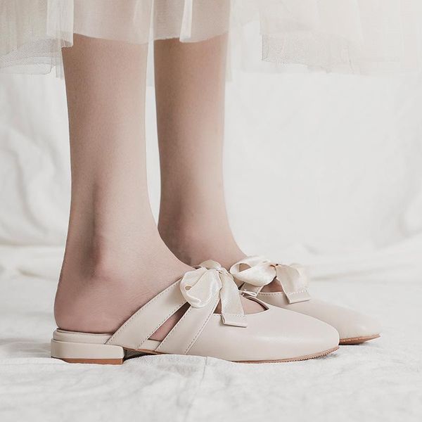 

slippers lazy shoes woman riband lace up flat square toe mules bowtie sandalias mujer summer footwear korean beige flip flops, Black