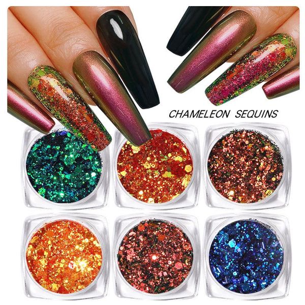 

nail korean sequins laser glitter luminous powder mixed six-sided japanese patch decoration set art decorations, Silver;gold