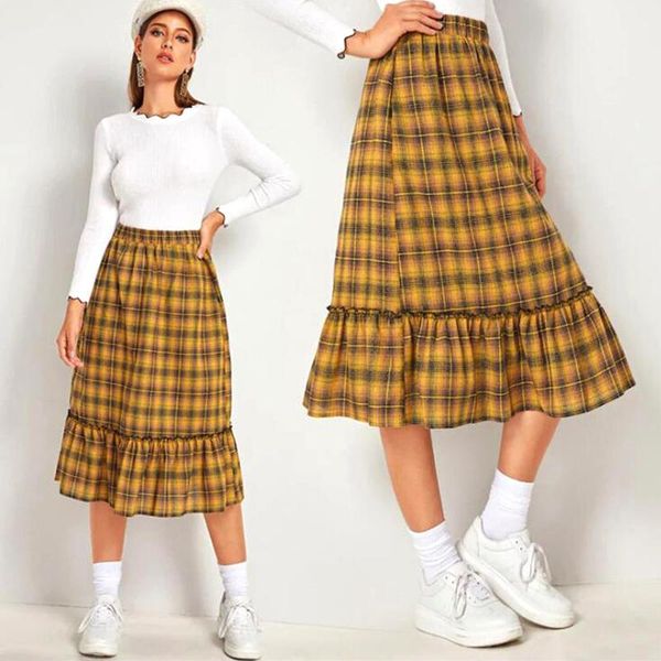

skirts women plaid autumn winter cotton and linen ageing elastic high waist ruffle long 2021 yellow big swing midi, Black