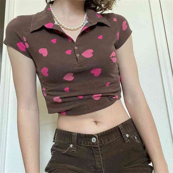 T-shirt da donna a maniche corte marrone stampato con cuore rosa per ragazze Cute Fashion Kawaii colletto rovesciato Y2k Crop Top Tee Shirt 210510
