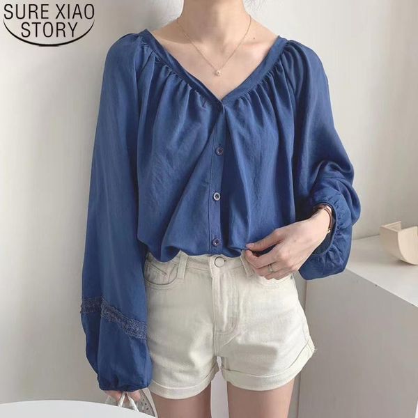 

women's blouses & shirts autumn 2021 casual women shirt lantern womens and sweet loose long sleeve v-neck button cardigan 10516, White