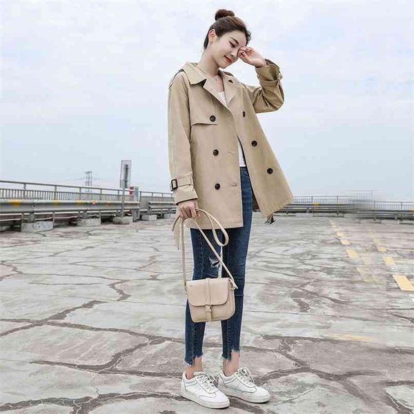 

ailegogo spring women trench coat casual streetwear double breasted belt female coats fashion korean loose fit outwear 210820, Tan;black