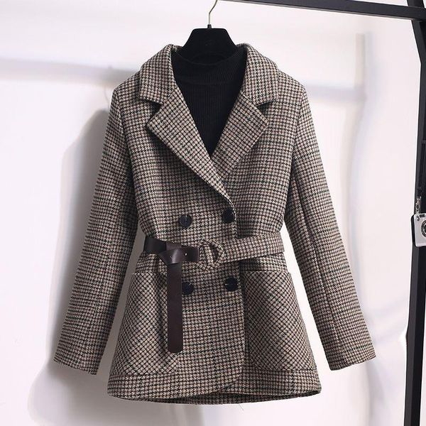 

women's jackets 2021 autumn and winter plaid suit korean fashion jacket casual belt office wool clothes, Black;brown